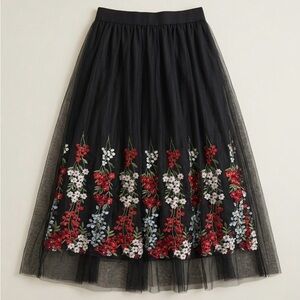 Sans Souci Black Maxi Tulle Skirt with Red, White & Light Blue Floral Embroidery